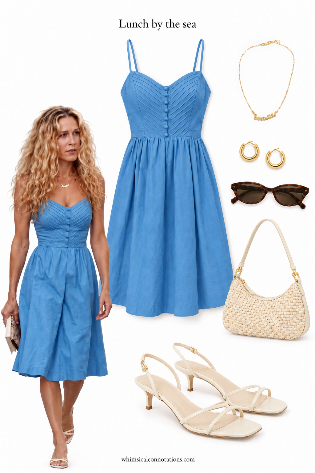 Blue sundress, cream heels and woven bag with an AI-edited Carrie reference.